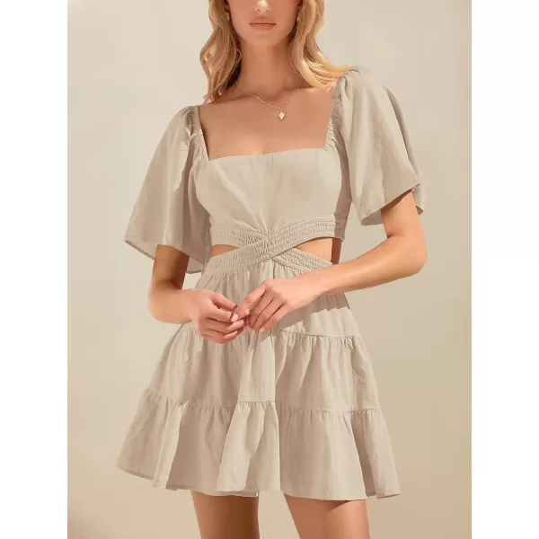 imageANRABESS Women Summer Square Neck Short Sleeve Cutout Crossover Waist Casual Party Tiered ALine Mini DressAlmond