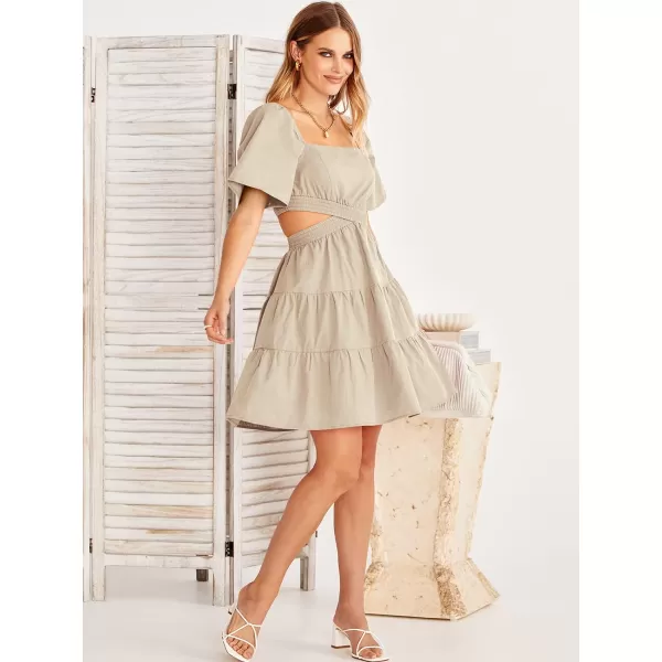 imageANRABESS Women Summer Square Neck Short Sleeve Cutout Crossover Waist Casual Party Tiered ALine Mini DressAlmond