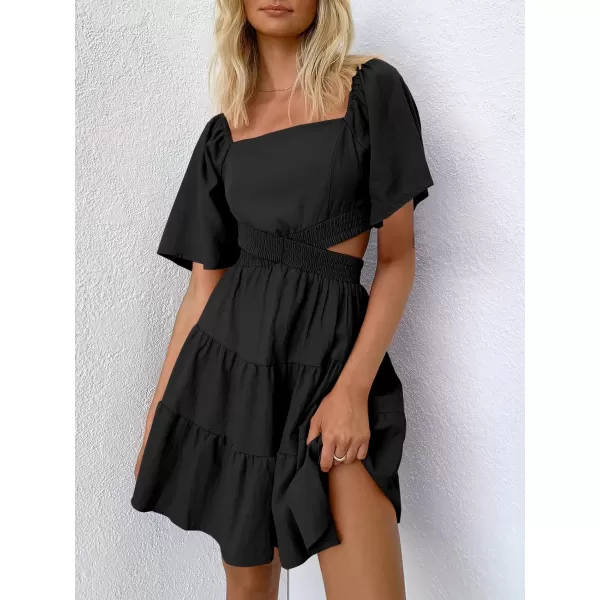 imageANRABESS Women Summer Square Neck Short Sleeve Cutout Crossover Waist Casual Party Tiered ALine Mini DressBlack