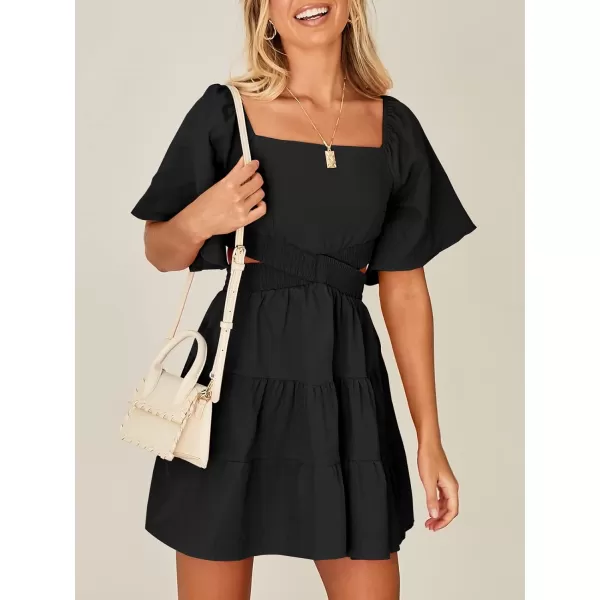 imageANRABESS Women Summer Square Neck Short Sleeve Cutout Crossover Waist Casual Party Tiered ALine Mini DressBlack
