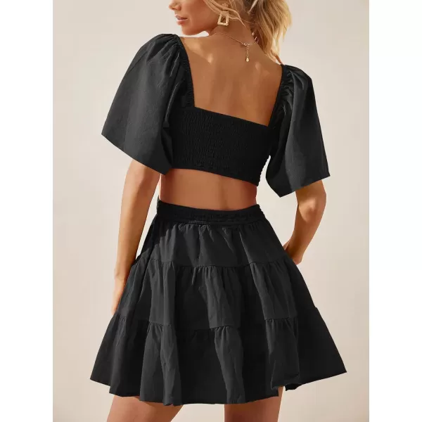 imageANRABESS Women Summer Square Neck Short Sleeve Cutout Crossover Waist Casual Party Tiered ALine Mini DressBlack