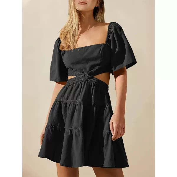 imageANRABESS Women Summer Square Neck Short Sleeve Cutout Crossover Waist Casual Party Tiered ALine Mini DressBlack