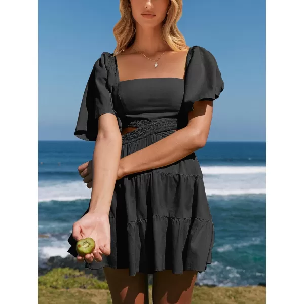 imageANRABESS Women Summer Square Neck Short Sleeve Cutout Crossover Waist Casual Party Tiered ALine Mini DressBlack