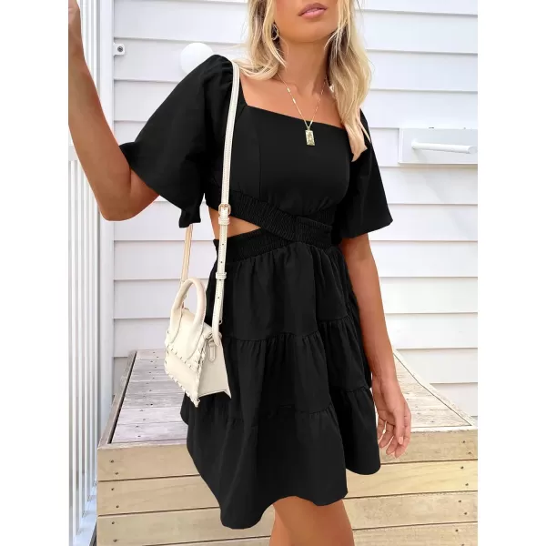 imageANRABESS Women Summer Square Neck Short Sleeve Cutout Crossover Waist Casual Party Tiered ALine Mini DressBlack