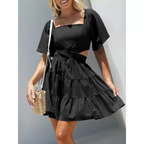 imageANRABESS Women Summer Square Neck Short Sleeve Cutout Crossover Waist Casual Party Tiered ALine Mini DressBlack