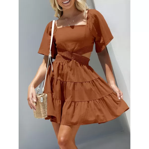 imageANRABESS Women Summer Square Neck Short Sleeve Cutout Crossover Waist Casual Party Tiered ALine Mini DressCaramel