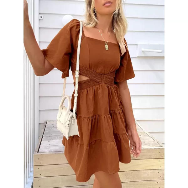 imageANRABESS Women Summer Square Neck Short Sleeve Cutout Crossover Waist Casual Party Tiered ALine Mini DressCaramel