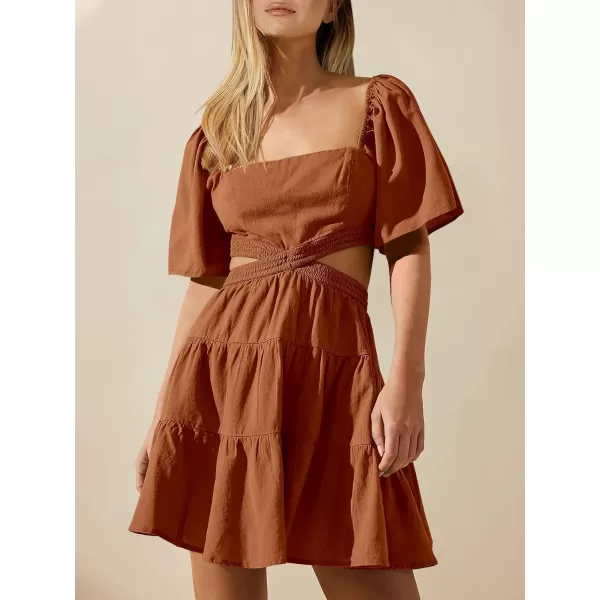 imageANRABESS Women Summer Square Neck Short Sleeve Cutout Crossover Waist Casual Party Tiered ALine Mini DressCaramel