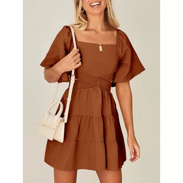 imageANRABESS Women Summer Square Neck Short Sleeve Cutout Crossover Waist Casual Party Tiered ALine Mini DressCaramel