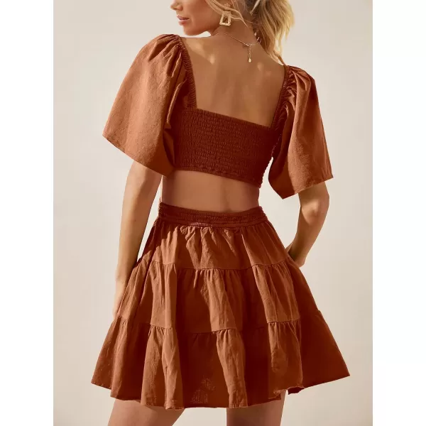 imageANRABESS Women Summer Square Neck Short Sleeve Cutout Crossover Waist Casual Party Tiered ALine Mini DressCaramel