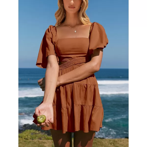 imageANRABESS Women Summer Square Neck Short Sleeve Cutout Crossover Waist Casual Party Tiered ALine Mini DressCaramel