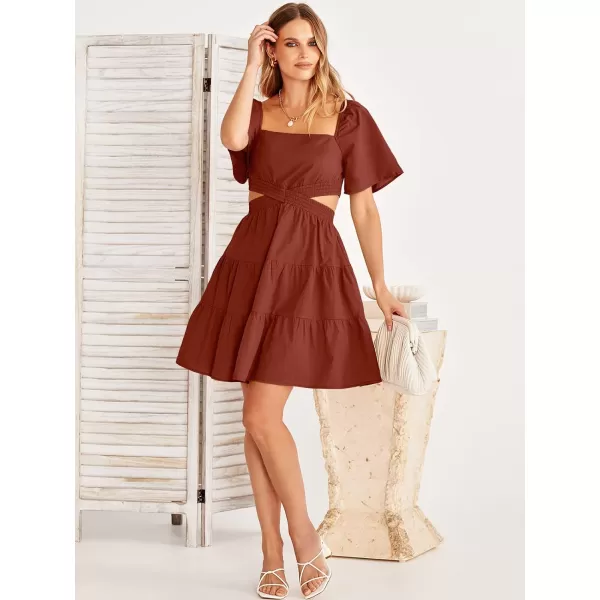 imageANRABESS Women Summer Square Neck Short Sleeve Cutout Crossover Waist Casual Party Tiered ALine Mini DressDeep Red