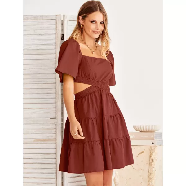 imageANRABESS Women Summer Square Neck Short Sleeve Cutout Crossover Waist Casual Party Tiered ALine Mini DressDeep Red