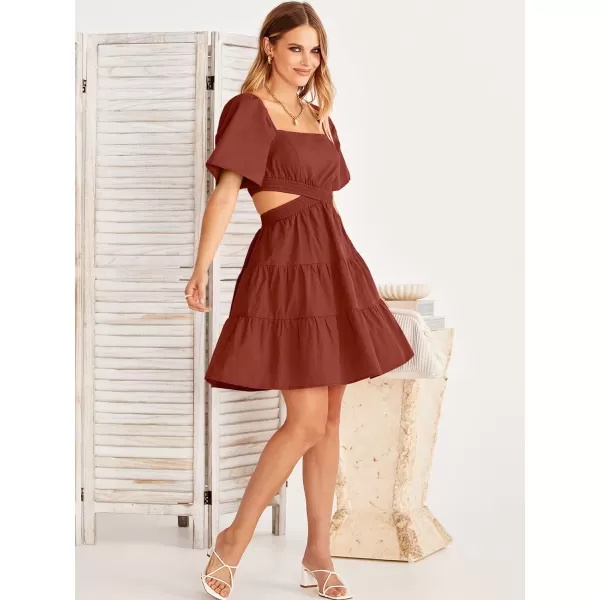 imageANRABESS Women Summer Square Neck Short Sleeve Cutout Crossover Waist Casual Party Tiered ALine Mini DressDeep Red