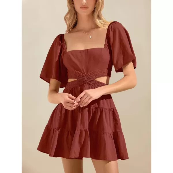 imageANRABESS Women Summer Square Neck Short Sleeve Cutout Crossover Waist Casual Party Tiered ALine Mini DressDeep Red