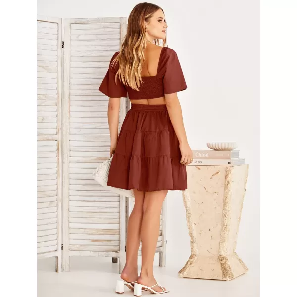 imageANRABESS Women Summer Square Neck Short Sleeve Cutout Crossover Waist Casual Party Tiered ALine Mini DressDeep Red
