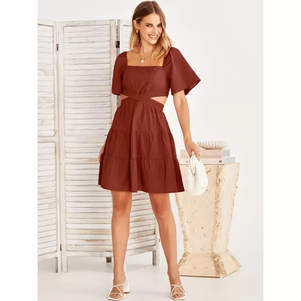 imageANRABESS Women Summer Square Neck Short Sleeve Cutout Crossover Waist Casual Party Tiered ALine Mini DressDeep Red