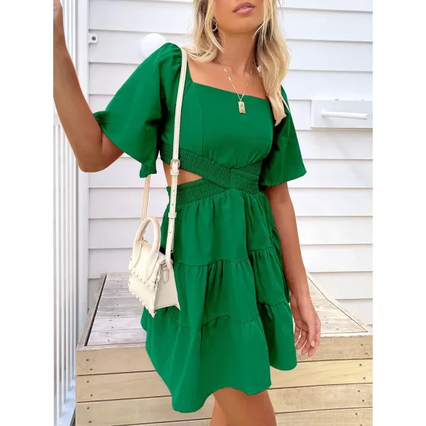 imageANRABESS Women Summer Square Neck Short Sleeve Cutout Crossover Waist Casual Party Tiered ALine Mini DressFores