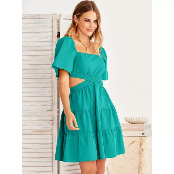 imageANRABESS Women Summer Square Neck Short Sleeve Cutout Crossover Waist Casual Party Tiered ALine Mini DressGreen