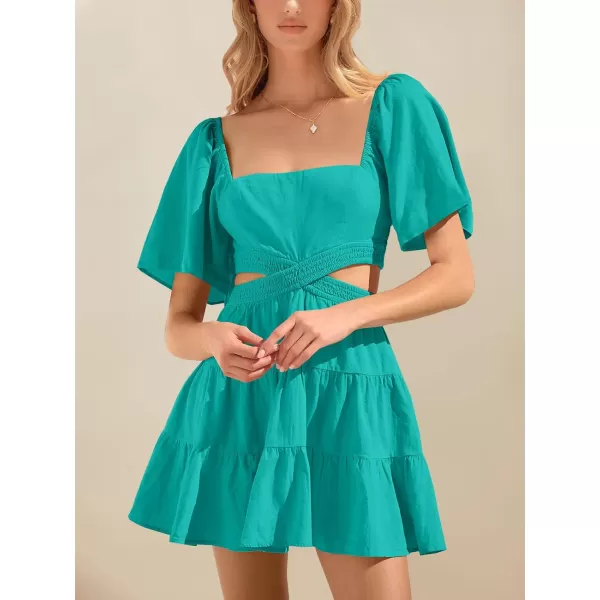 imageANRABESS Women Summer Square Neck Short Sleeve Cutout Crossover Waist Casual Party Tiered ALine Mini DressGreen