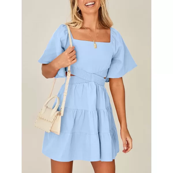 imageANRABESS Women Summer Square Neck Short Sleeve Cutout Crossover Waist Casual Party Tiered ALine Mini DressLight Blue