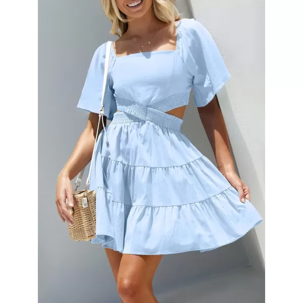imageANRABESS Women Summer Square Neck Short Sleeve Cutout Crossover Waist Casual Party Tiered ALine Mini DressLight Blue