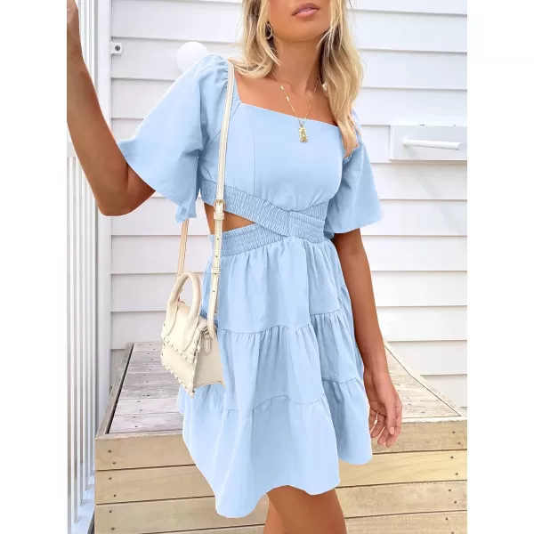 imageANRABESS Women Summer Square Neck Short Sleeve Cutout Crossover Waist Casual Party Tiered ALine Mini DressLight Blue