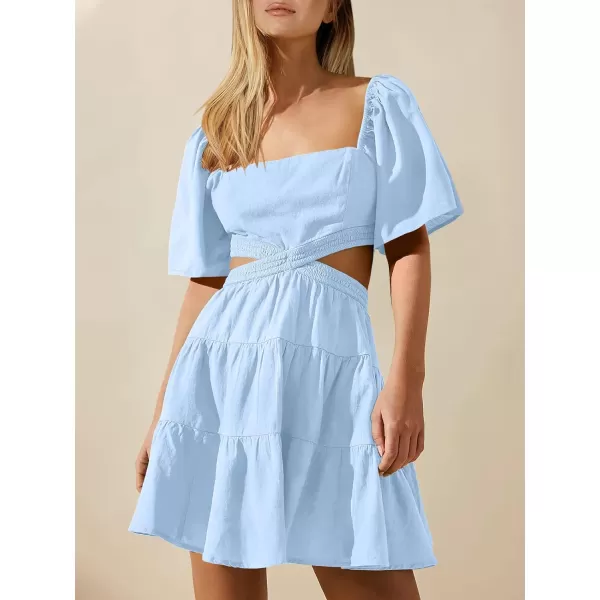 imageANRABESS Women Summer Square Neck Short Sleeve Cutout Crossover Waist Casual Party Tiered ALine Mini DressLight Blue