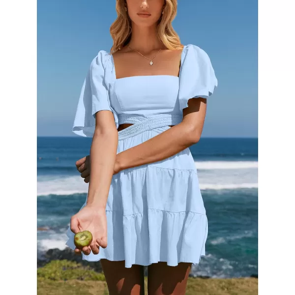 imageANRABESS Women Summer Square Neck Short Sleeve Cutout Crossover Waist Casual Party Tiered ALine Mini DressLight Blue
