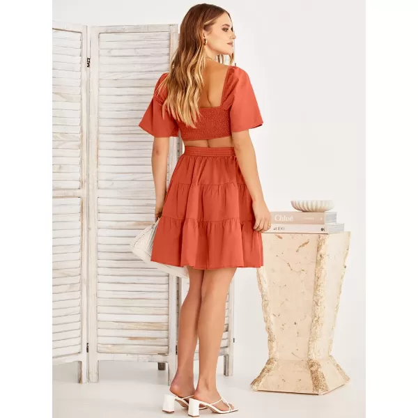 imageANRABESS Women Summer Square Neck Short Sleeve Cutout Crossover Waist Casual Party Tiered ALine Mini DressOrange