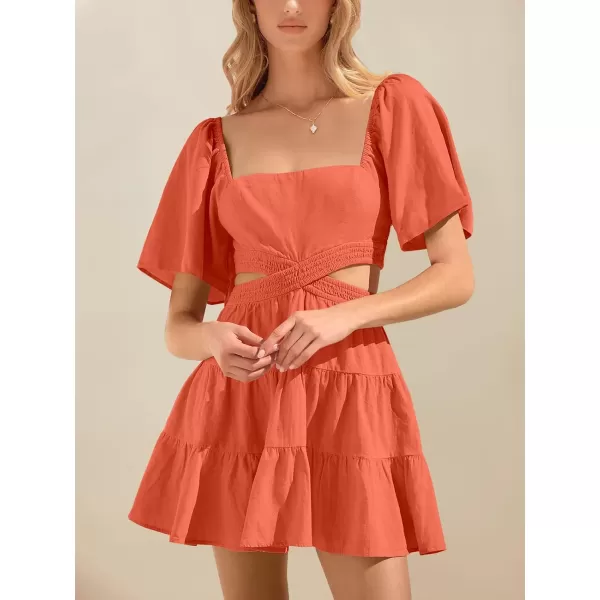 imageANRABESS Women Summer Square Neck Short Sleeve Cutout Crossover Waist Casual Party Tiered ALine Mini DressOrange