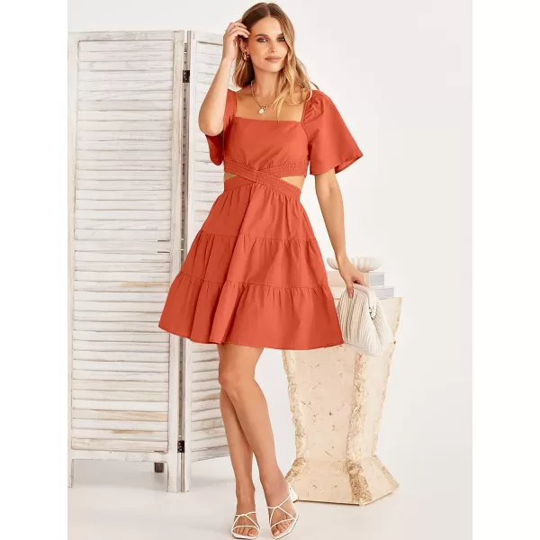 imageANRABESS Women Summer Square Neck Short Sleeve Cutout Crossover Waist Casual Party Tiered ALine Mini DressOrange