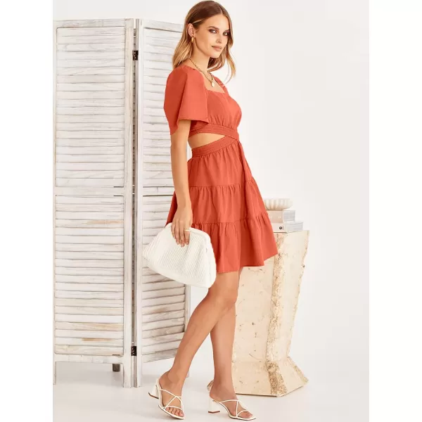 imageANRABESS Women Summer Square Neck Short Sleeve Cutout Crossover Waist Casual Party Tiered ALine Mini DressOrange