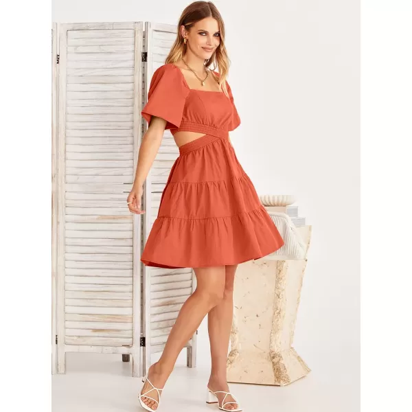 imageANRABESS Women Summer Square Neck Short Sleeve Cutout Crossover Waist Casual Party Tiered ALine Mini DressOrange