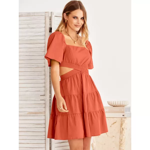 imageANRABESS Women Summer Square Neck Short Sleeve Cutout Crossover Waist Casual Party Tiered ALine Mini DressOrange