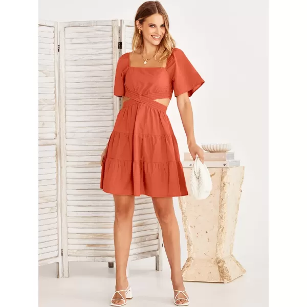 imageANRABESS Women Summer Square Neck Short Sleeve Cutout Crossover Waist Casual Party Tiered ALine Mini DressOrange