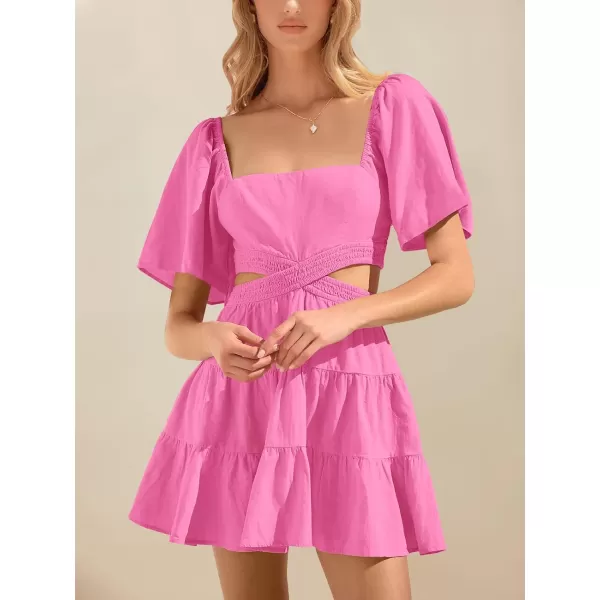 imageANRABESS Women Summer Square Neck Short Sleeve Cutout Crossover Waist Casual Party Tiered ALine Mini DressPink