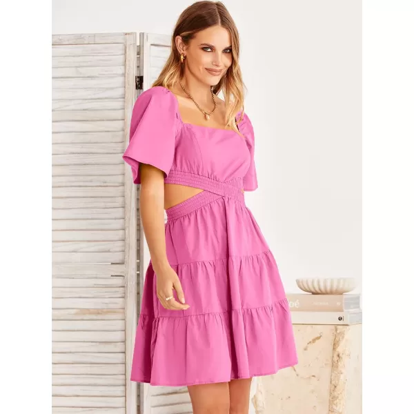 imageANRABESS Women Summer Square Neck Short Sleeve Cutout Crossover Waist Casual Party Tiered ALine Mini DressPink