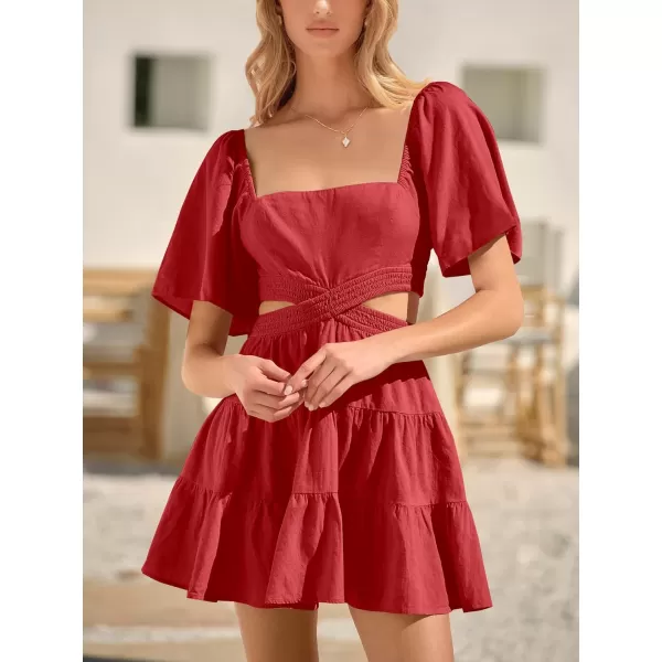 imageANRABESS Women Summer Square Neck Short Sleeve Cutout Crossover Waist Casual Party Tiered ALine Mini DressRed
