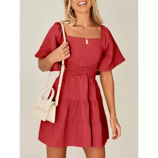 imageANRABESS Women Summer Square Neck Short Sleeve Cutout Crossover Waist Casual Party Tiered ALine Mini DressRed