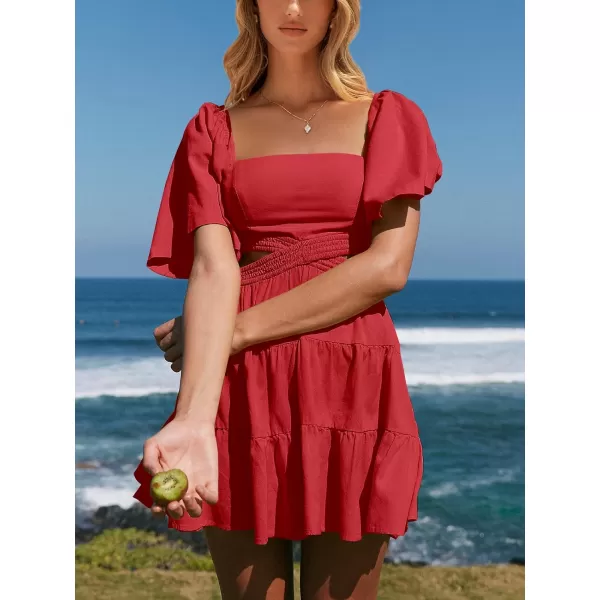 imageANRABESS Women Summer Square Neck Short Sleeve Cutout Crossover Waist Casual Party Tiered ALine Mini DressRed