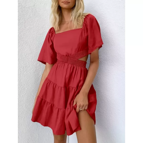 imageANRABESS Women Summer Square Neck Short Sleeve Cutout Crossover Waist Casual Party Tiered ALine Mini DressRed