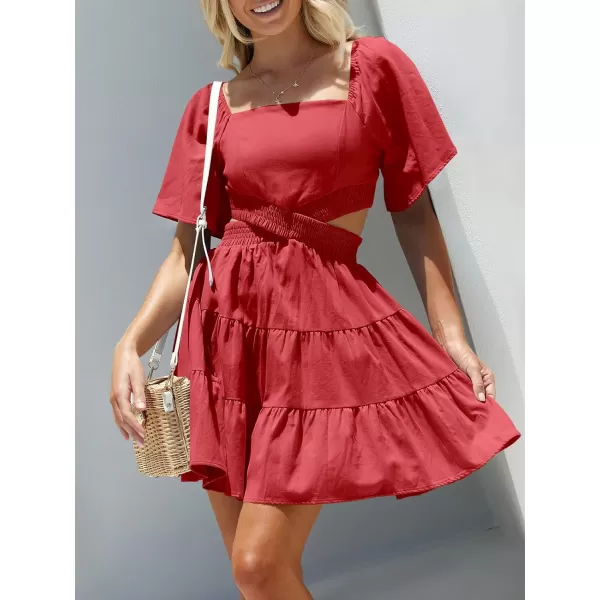 imageANRABESS Women Summer Square Neck Short Sleeve Cutout Crossover Waist Casual Party Tiered ALine Mini DressRed