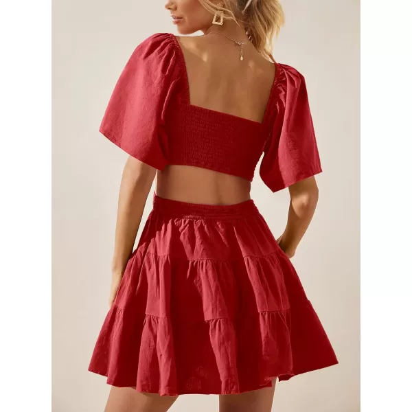 imageANRABESS Women Summer Square Neck Short Sleeve Cutout Crossover Waist Casual Party Tiered ALine Mini DressRed