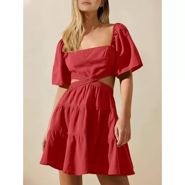imageANRABESS Women Summer Square Neck Short Sleeve Cutout Crossover Waist Casual Party Tiered ALine Mini DressRed