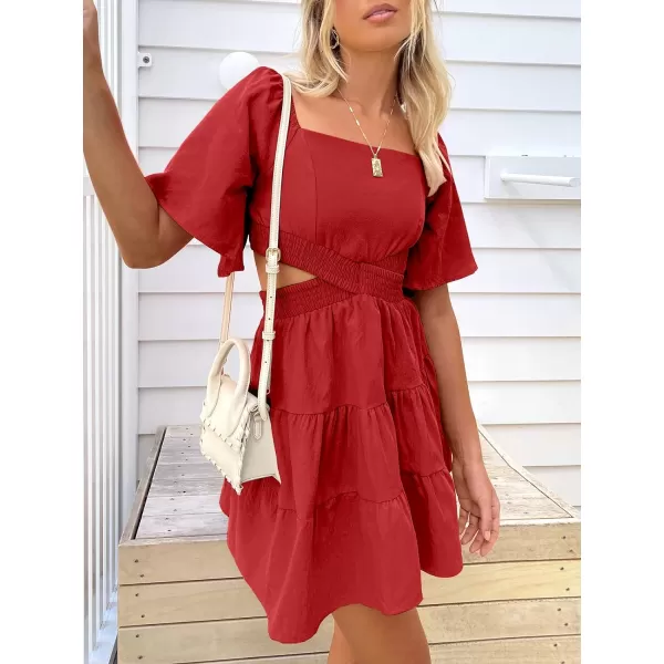 imageANRABESS Women Summer Square Neck Short Sleeve Cutout Crossover Waist Casual Party Tiered ALine Mini DressRed