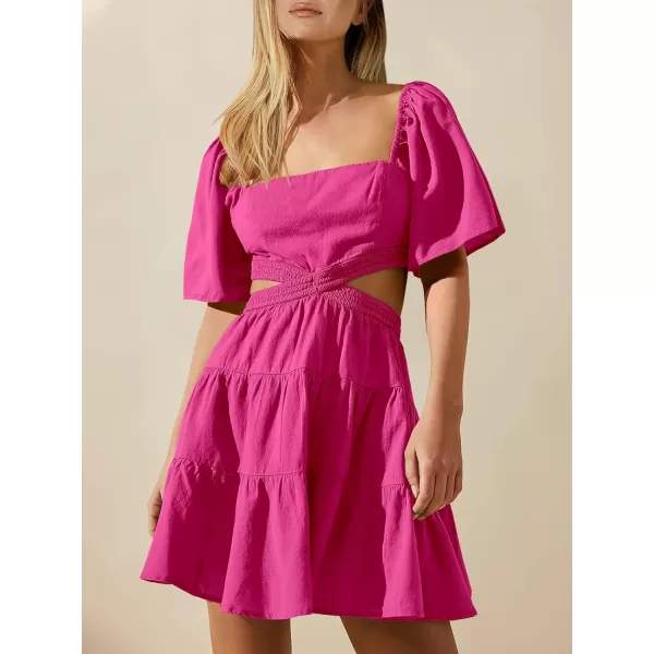 imageANRABESS Women Summer Square Neck Short Sleeve Cutout Crossover Waist Casual Party Tiered ALine Mini DressRose