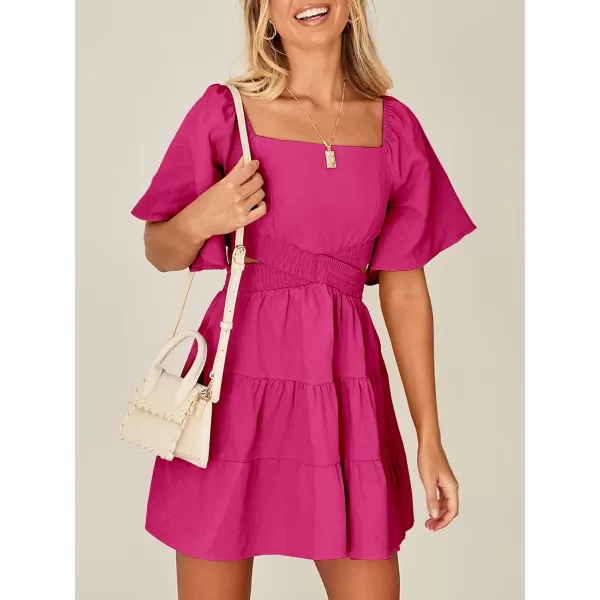 imageANRABESS Women Summer Square Neck Short Sleeve Cutout Crossover Waist Casual Party Tiered ALine Mini DressRose