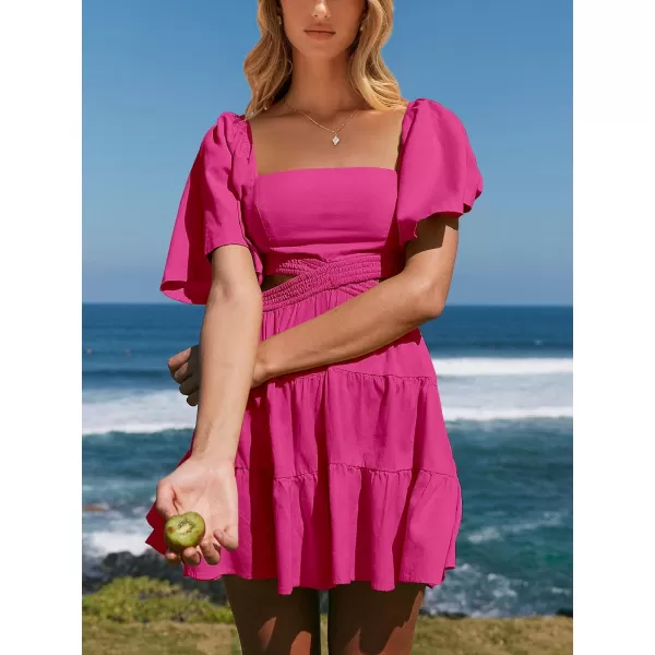 imageANRABESS Women Summer Square Neck Short Sleeve Cutout Crossover Waist Casual Party Tiered ALine Mini DressRose