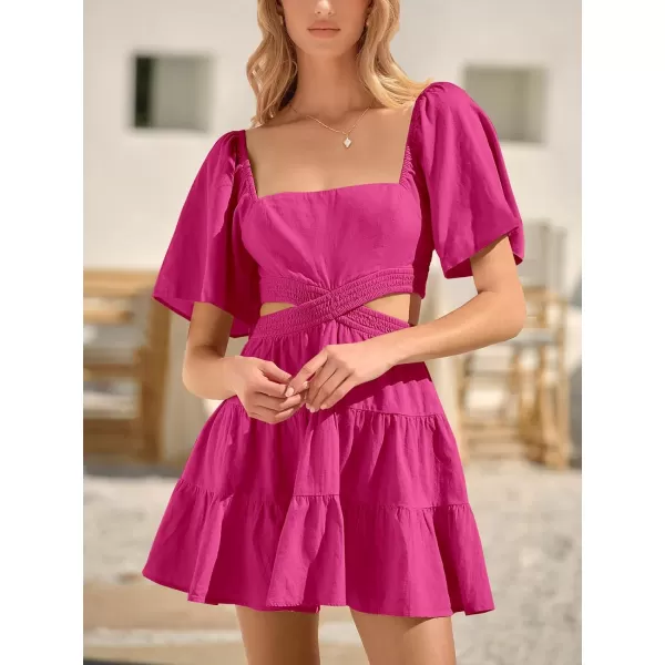 imageANRABESS Women Summer Square Neck Short Sleeve Cutout Crossover Waist Casual Party Tiered ALine Mini DressRose